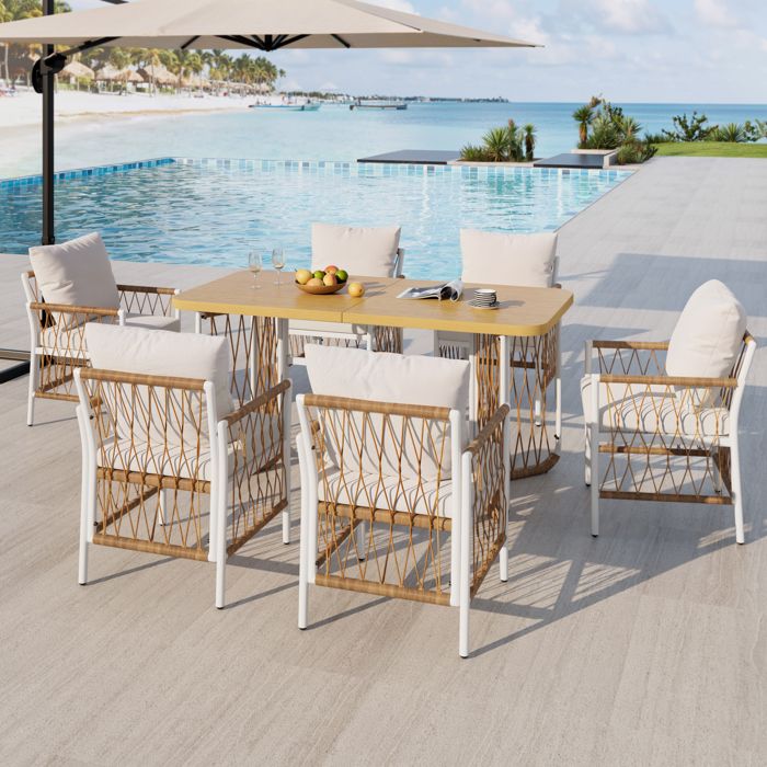 Ensemble de jardin accoudoirs tressés une table et six chaises avec coussins structure en fer forgé pour pelouse et terrasse