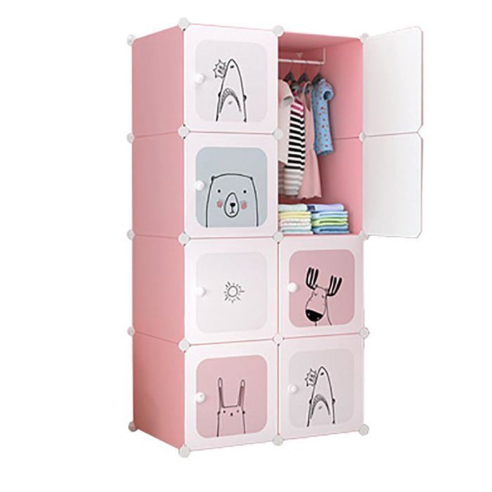 Armoire modulaire multifonction - LUNSY - Rose - 8 cubes - Modèle R8-1 - 75x47x147 cm - Design moderne - Motifs animés