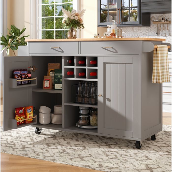 Îlot Cuisine Mobile 102x45x92 cm desserte sur roulettes avec range bouteilles MDF gris et métal
