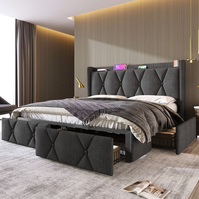 Lit double rembourré avec rangement - 160x200 cm - Gris - Lin - 4 tiroirs - Tête de lit avec USB - Prises intégrées