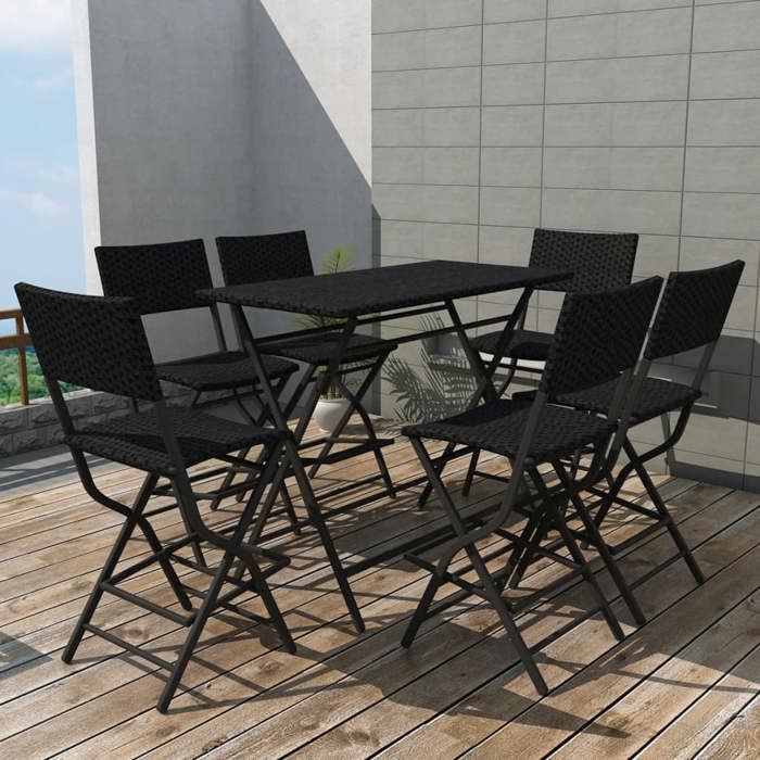 Noir Mobilier de Balcon - JILLES® Ensemble à manger d’extérieur - pliable 7pcs - Acier - résine tressée MEU1195890111859