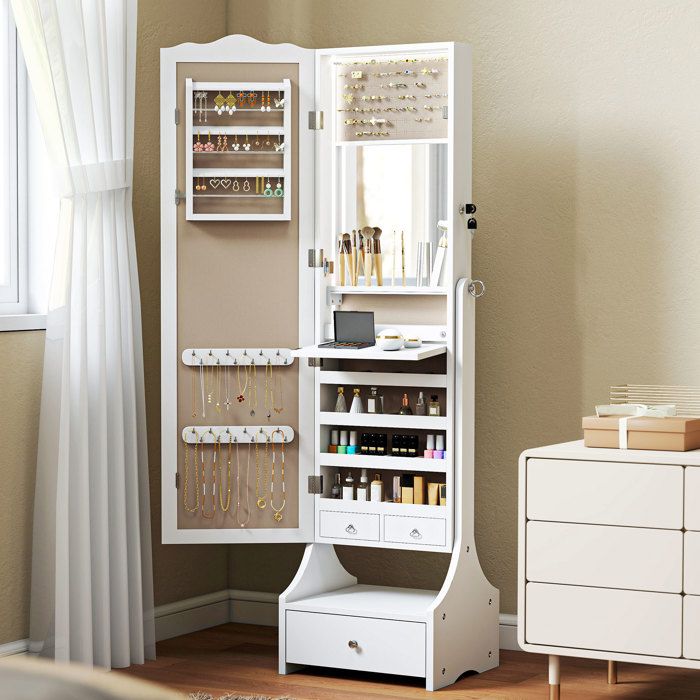 Armoire à bijoux - Miroir pleine longueur LED - Allumage automatique - Tablette pliable - Serrure 2 clés