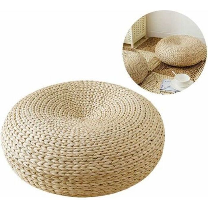 Coussin de sol rond en paille - Tissu naturel respirant et artisanal Structure en fer robuste - Sol canapé ou dossier de chaise