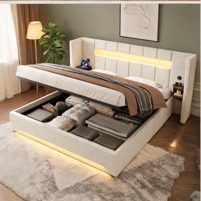 Sommier-lit cadre capitonné en velours beige 160x200 cm avec tête de lit large ports USB rangements rétro éclairage LED et