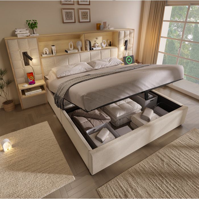 Lit coffre Double 180×200 cm avec LED lampes de lecture USB Type-C 2 tables de nuit - MODENVIE - sans matelas lin beige