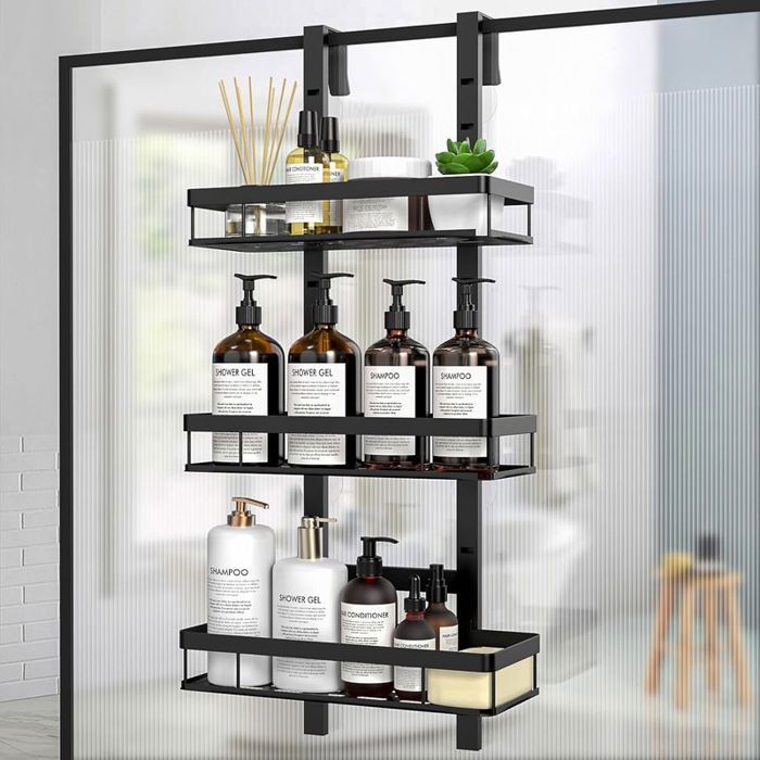 1 - Étagère Douche - Porte-shampoing Suspendu - 3 Niveaux Réglables - Sans Percage pour Verre - Noir - 40kg