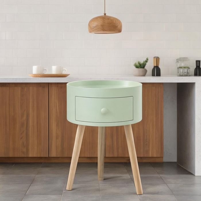 Table basse ronde bois 38x38x45 cm finition bicolore vert et bois clair tiroir et piètement scandinave