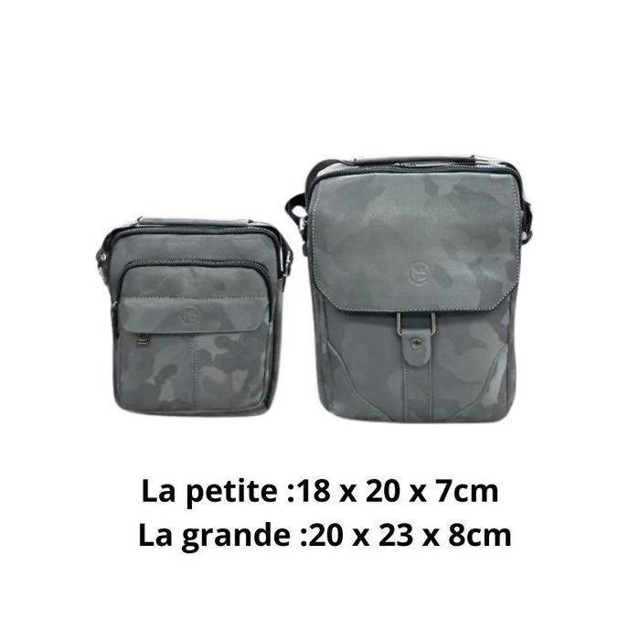 Lot de 2 grande et petite sacoche bandoulière homme grise à rabat en PVC vieilli – Style intemporel
