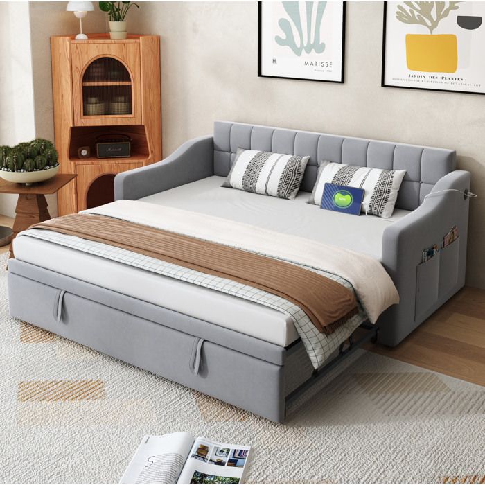 Lit gigogne extensible 90 x 190 cm canapé-lit gris clair velours avec ports de charge et poche rangement TYNQER
