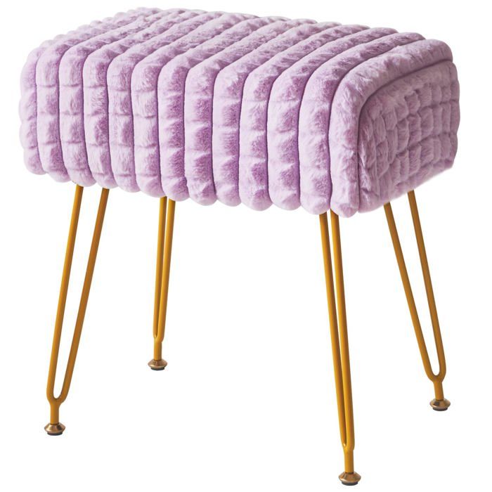 Tabouret vanity maquillage en velours violet - 42 x 30 x 45 cm - pieds réglables en métal doré