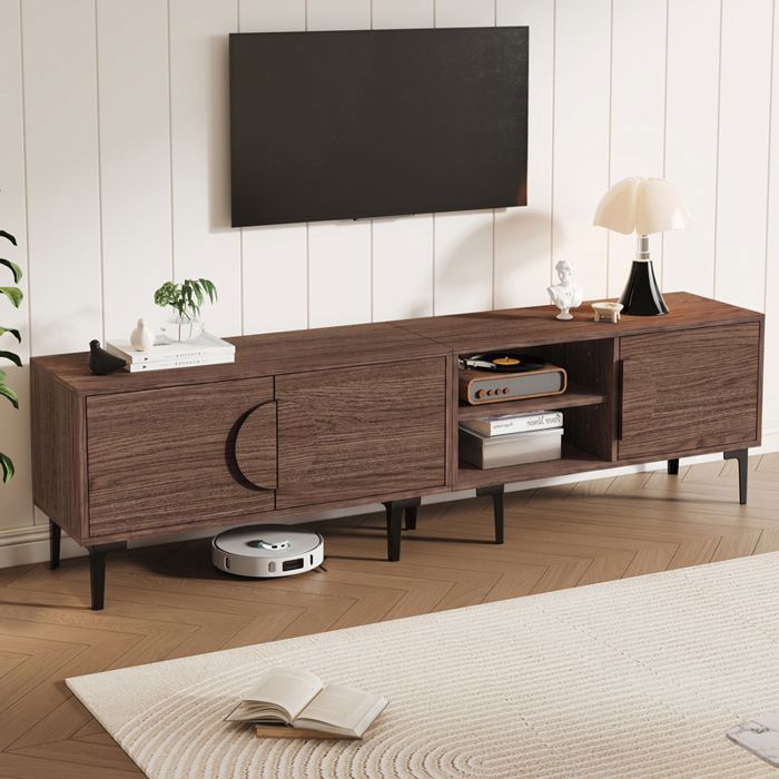 Meuble TV 180x35x49 cm effet noyer foncé avec 3 portes niches ouvertes meuble bas pour TV 80 pouces cadre noir