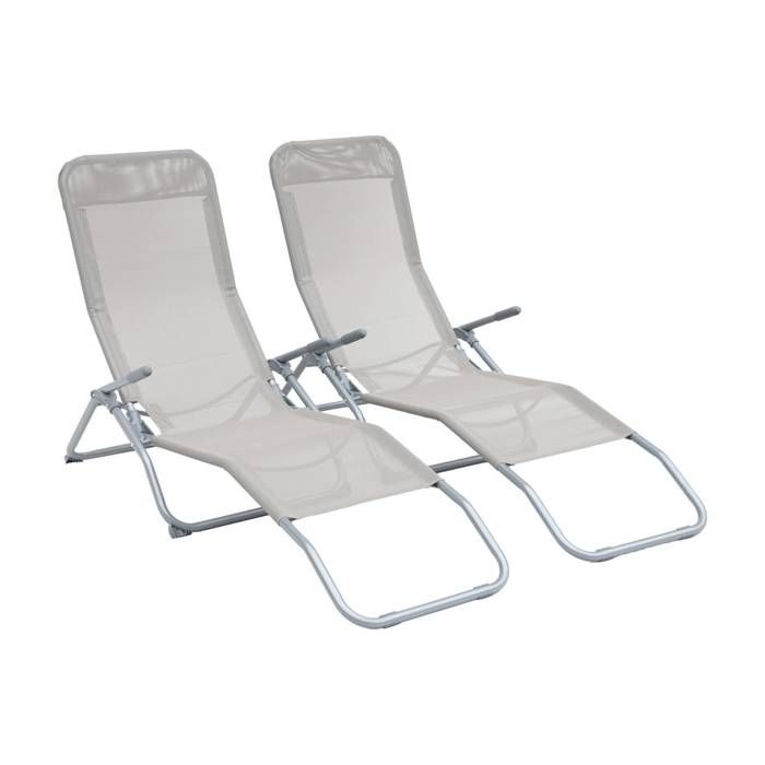Lot de 2 bains de soleil pliants - Levito Gris taupe- Transats textilène 2 positions. chaises longues Lot de 2 bains de soleil pliants - Levito Gris taupe- Transats textilène 2 positions. chaises longues