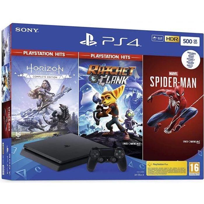 Console salon - Sony - PS4 Slim - 500 Go - Noir - Horizon Zero Dawn - Spider-Man - Ratchet & Clank 