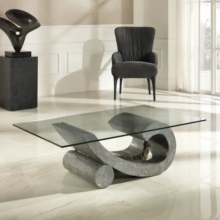 Table Basse De Salon En Verre Et Pierre Fossile Madison Achat