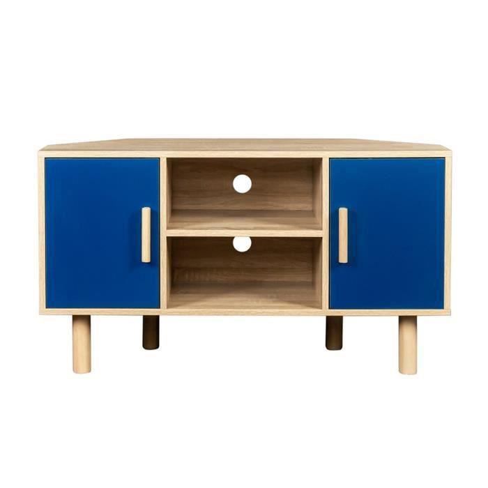 shot case -meuble tv d'angle lila - 2 portes - décor mélaminé bleu - pieds en bois massif - l90 x p35 x h55 cm