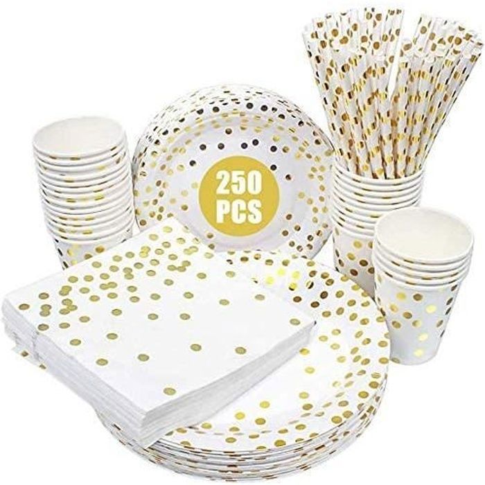 Kit Vaisselle Jetable Party 65 Pièces Pour 16 Invités - Assiettes, Gobelets, Serviettes, Nappe Or