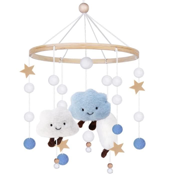 Mobile Bébé Bois Dinosaure – Carillon Lit Avec Nuages Feuilles Boules Feutre – Jouet Berceau Garçon Fille