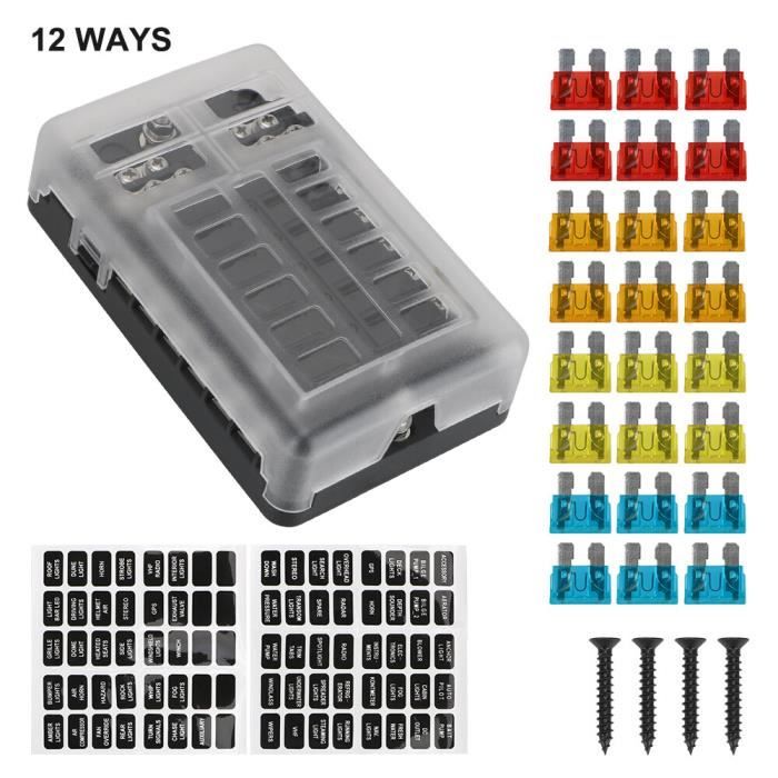 Aiqeer Boîte à Fusibles 12 Voies 12V 24V 32V 48V Avec Couverture Étanche Et 10 Fusibles - Voiture Camion Bateau