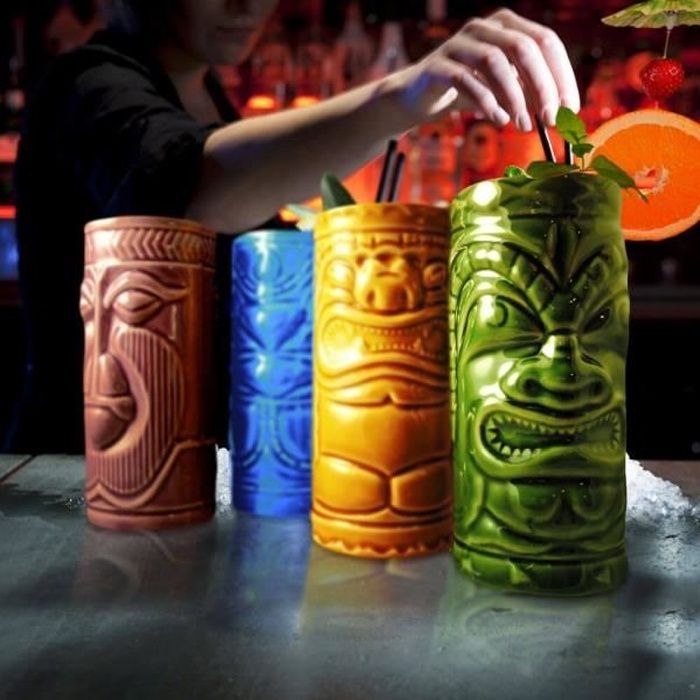 Lot De 4 Mugs Tiki En Céramique - 520 Ml, Motifs Peints à La Main, Pour Cocktails Et Décoration