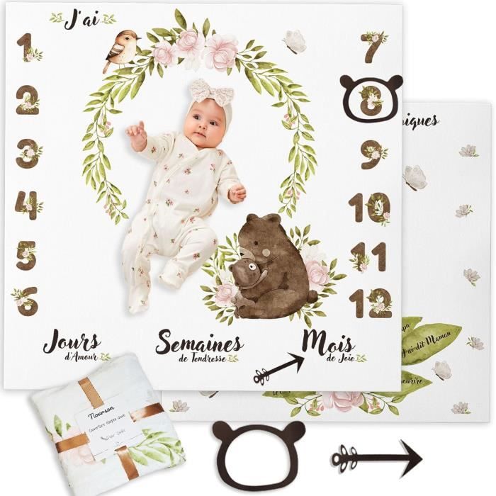 Couverture Etape Bebe Fille Couverture Mois Bébé Avec Cadres Photo - 130x100cm - Tapis D'Éveil Et Photo - Cadeau Baby Shower Swaddle Neonato
