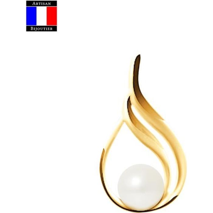 Compagnie Générale des Perles - Pendentif Stylisée - Véritable Perle de Culture Poire 7-8 mm - Or Jaune 18 Carats - Bijou Femme
