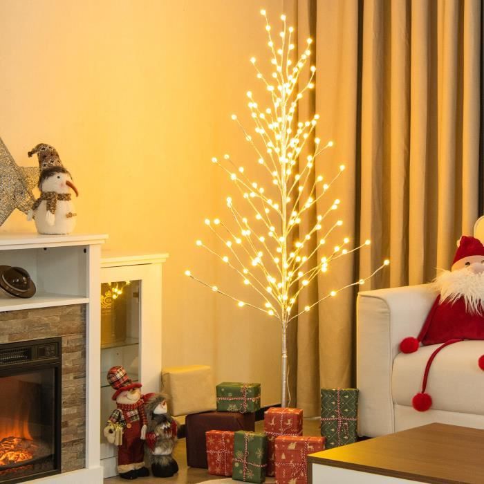Arbre De Bouleau Lumineux 120 Cm - 240 LED Blanc Chaud - Branches Ajustables, Base Lestée - Décoration Noël, Fêtes, Mariage