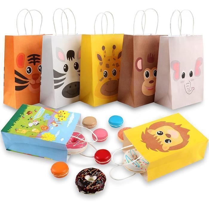 14 pcs Animaux Sac Cadeau Anniversaire Enfant Sachet Cadeau Garcon Sac  Papier Kraft avec Poignée pour Halloween Noël Paques Pochette