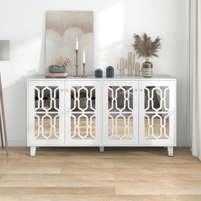 Buffet Bas Miroir Blanc avec Poignées en Cristal - 4 Portes et étagère Réglable pour Salon Salle à manger Moderne - 160x40x84cm
