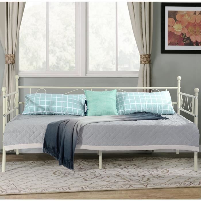 eggree lit banquette-canapé lit avec sommier-métal-90x200 cm-blanc