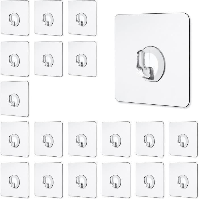 20 Crochets Adhésifs Double Face Transparents - Portée 10 Kg, Sans Perçage - Pour Salle De Bain, Cuisine, Carrelage, Verre