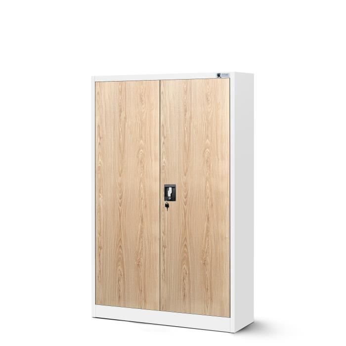 Armoire de Bureau Métallique C001K 3 Etagères Tôle dacier Portes Battantes 140 cm x 90 cm x 40 cm (Blanc/Imitation Bois)