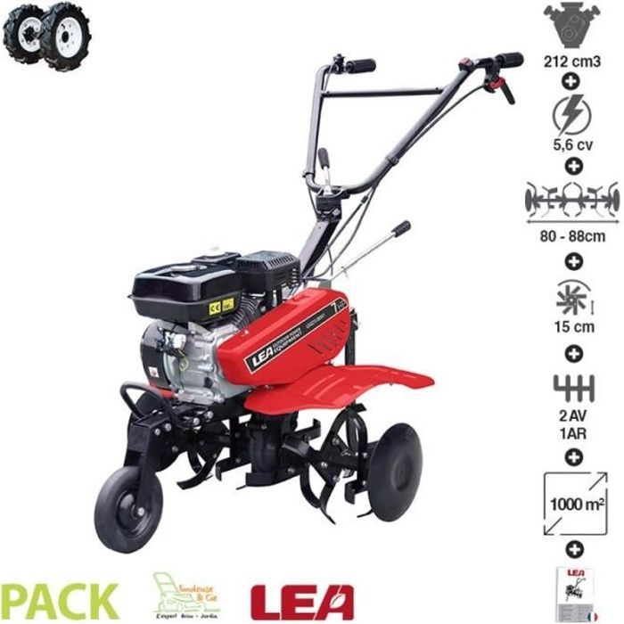 Motobineuse thermique LEA LE42212-80W21 - 212cc 5,6cv 2 vitesses AV 1 AR - travail jusqu'à 88cm - roues agraires