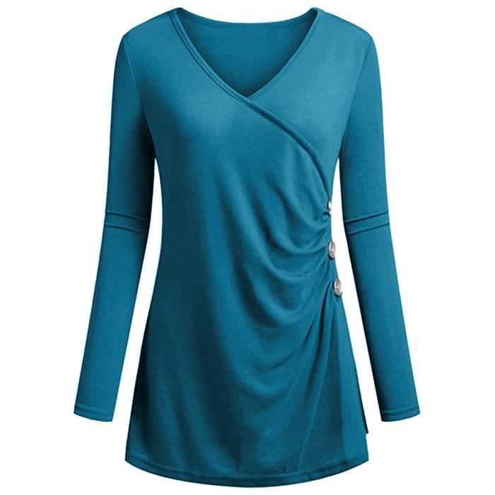 TUNIQUE Chemisier Décontracté à Manches Longues Et Col En V Pour Femmes Noir Noir