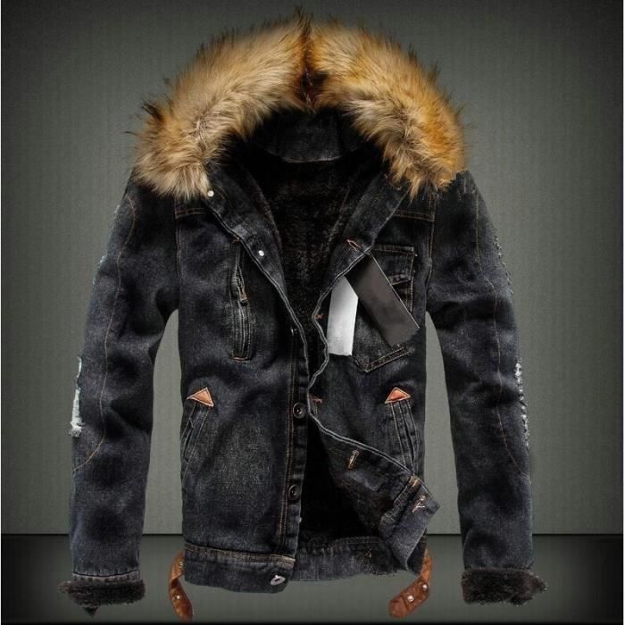 Veste en jean noir fourrure deals homme