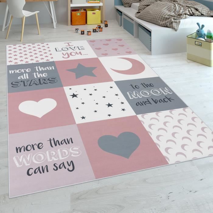 Tapis Chambre Enfant Filles Lavable Curs Etoiles Lune Inscription