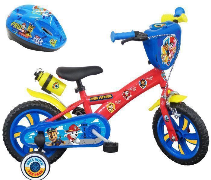 Vélo enfant 12'' Pat Patrouille pour enfant < 90 cm - équipé de 1 frein, 2 stabilisateurs amovibles et plaque avant + CASQUE