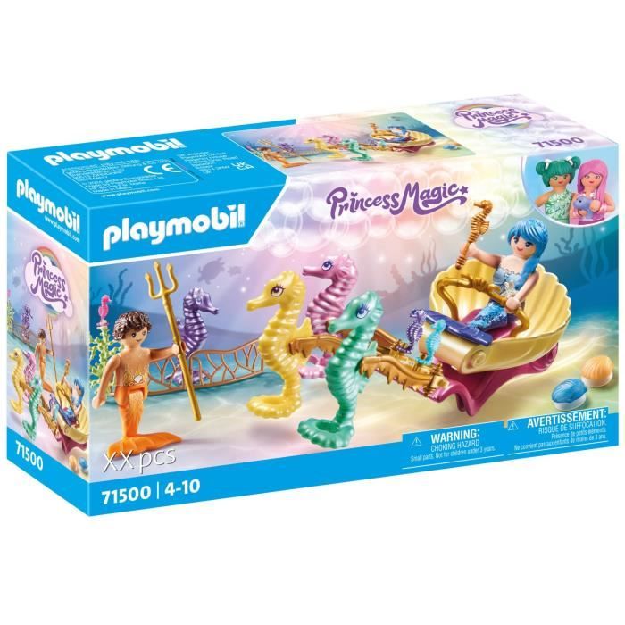 Playmobil 71500 Calèche avec sirènes et hippocampes Princess Magic Comprend Deux Personnages Une calèche des Coquillages Qui se fixent sur la Baignoire et des hippocampes Dès - vue 6