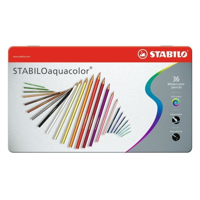 STABILO Boîte métal de 36 crayons de couleur aquarellables Aquacolor