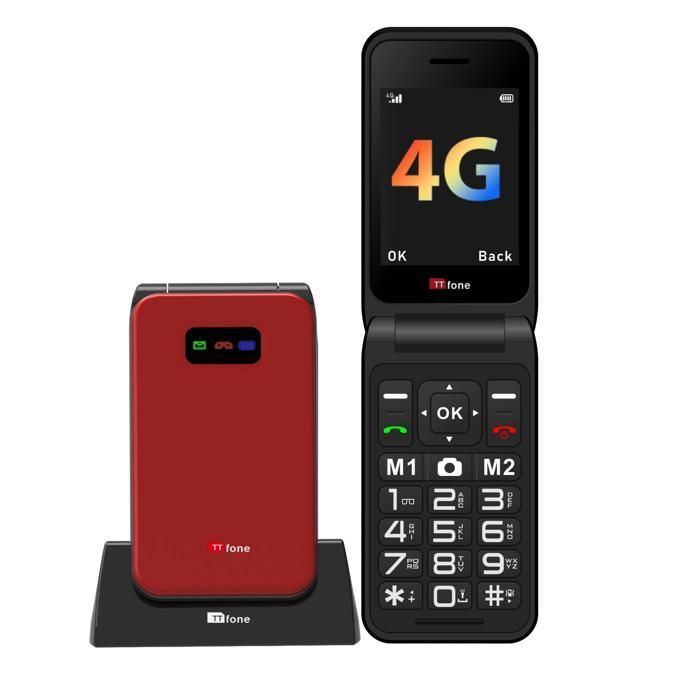 TTfone Black TT760 Flip 4G Mobile + Mains Charger, GiffGaff Pay As You Go. Big Button Phone, Emergency Assistance Button