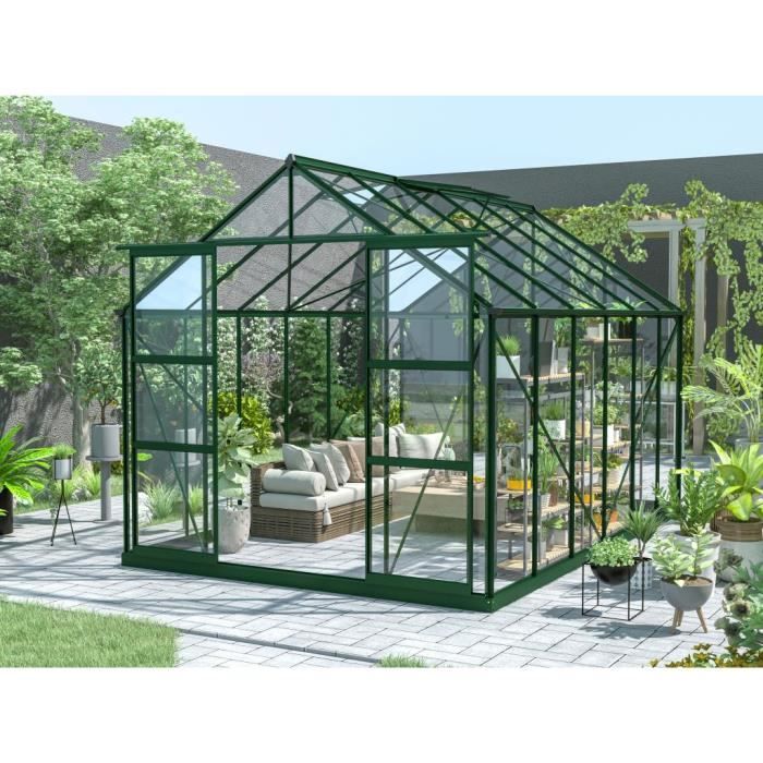 Serre de jardin en verre trempé 4 mm verte avec embase 9 m² - OTERIA