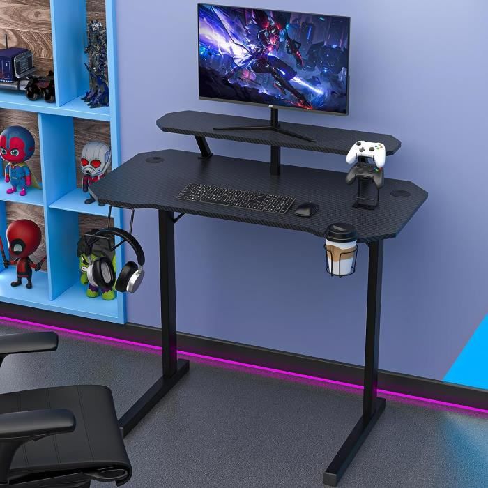 Bureau Gamer VIVOLILV - Noir - Avec Support d'écran et étagère - Fibre de  Carbone PVC - 100x55x75 cm - Cdiscount Maison
