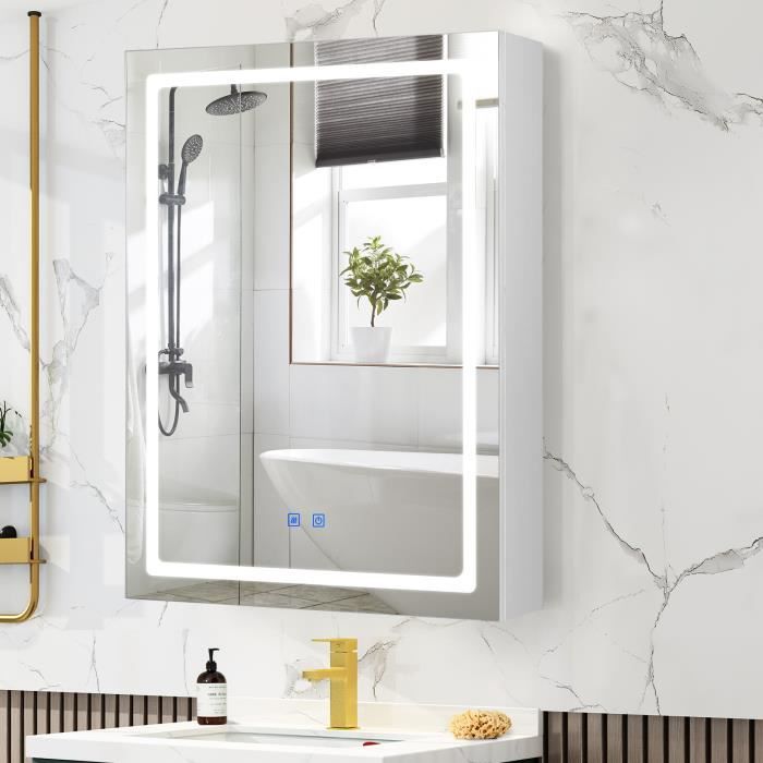 miroir de salle de bain led - armoire de toilette avec anti-buée - étagères réglables - vowner