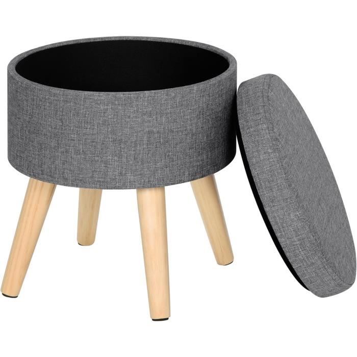 woltu tabouret rond pouf coffre de rangement repose-pieds,siège en lin pieds en bois massif, 36x 32 cm ,gris clair