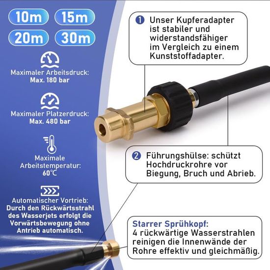 Diceevil Kit Nettoyage Canaux Karcher K2 à K7 - Tuyau 30m 180 Bar Avec Buses Rigide Et Rotative