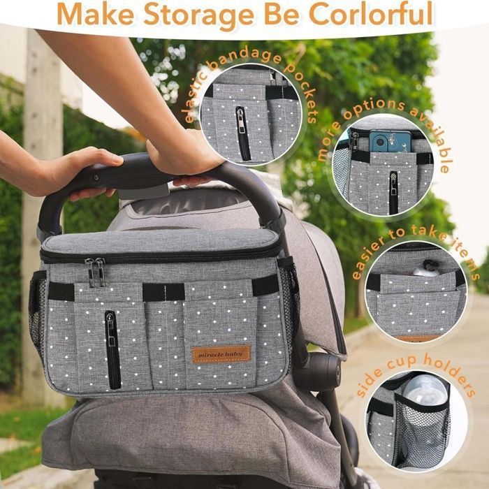 Miracle Baby Sac Rangement Poussette Universel Imperméable 12L - Organisateur Landau Avec Porte-Gobelets (Noir)