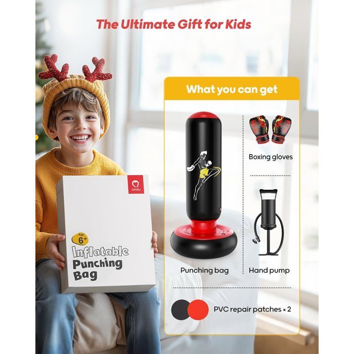 Sac De Frappe Gonflable QPAU Pour Enfants – 66 Pouces, Avec Gants 6 Oz, PVC Résistant, Pour 5-12 Ans