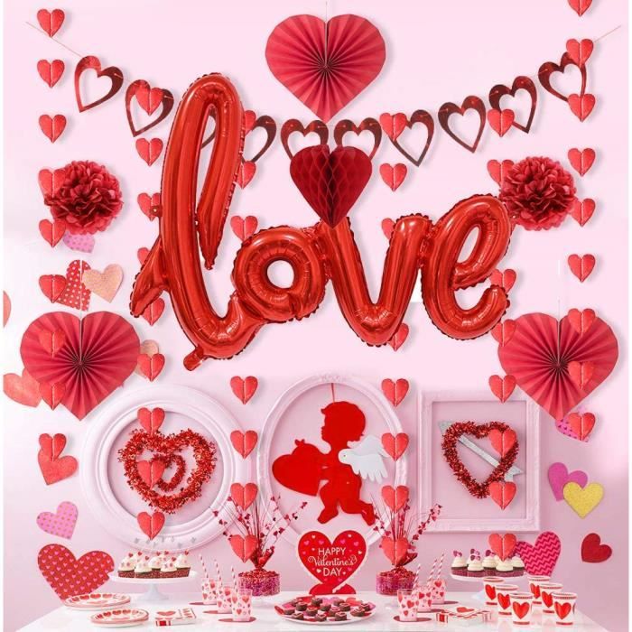 Deco Saint Valentin Chambre Maison Love Ballon Rouge Rosace Papier