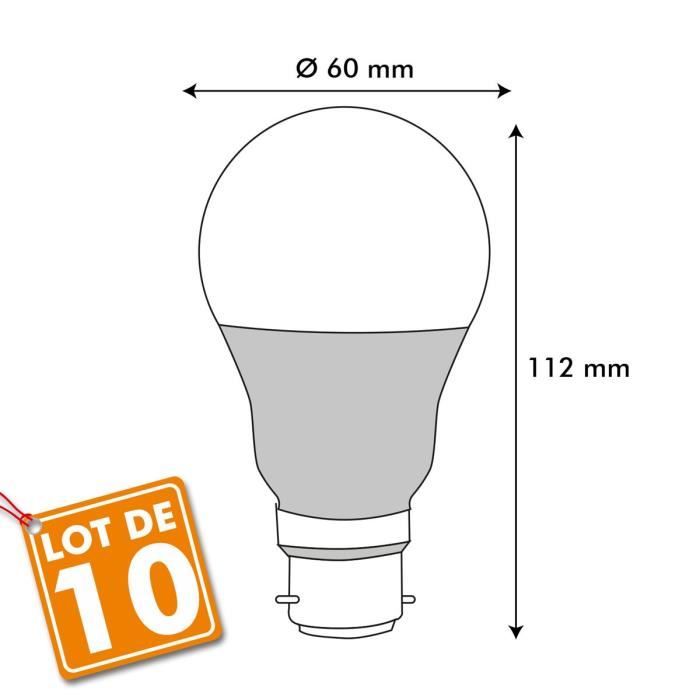 Lot de 10 Ampoules LED B22 9W eq 60W 806Lm (Blanc chaud 2700K) - Cdiscount  Maison