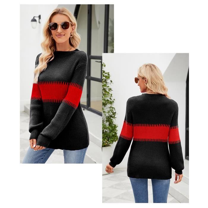 Pull Femme Taille XL (42) - 100% Acrylique Rouge Et Noir - Occasion Très Bon état