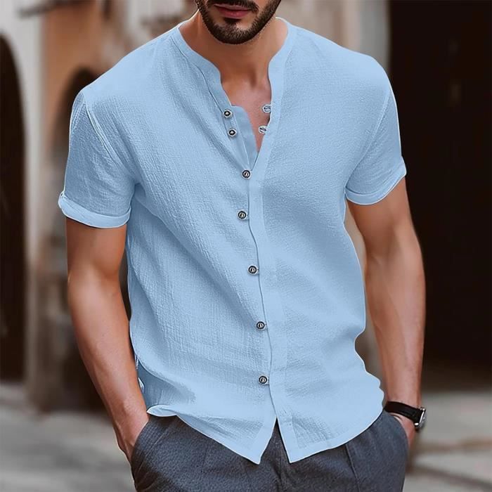 2024 Chemise en Coton Et Lin Hommes Chemise Ete Homme Leger Pull Boutonne A Col V Chic Decontractee T Shirt A Manches Courtes Bleu Bleu Cdiscount Pret a Porter
